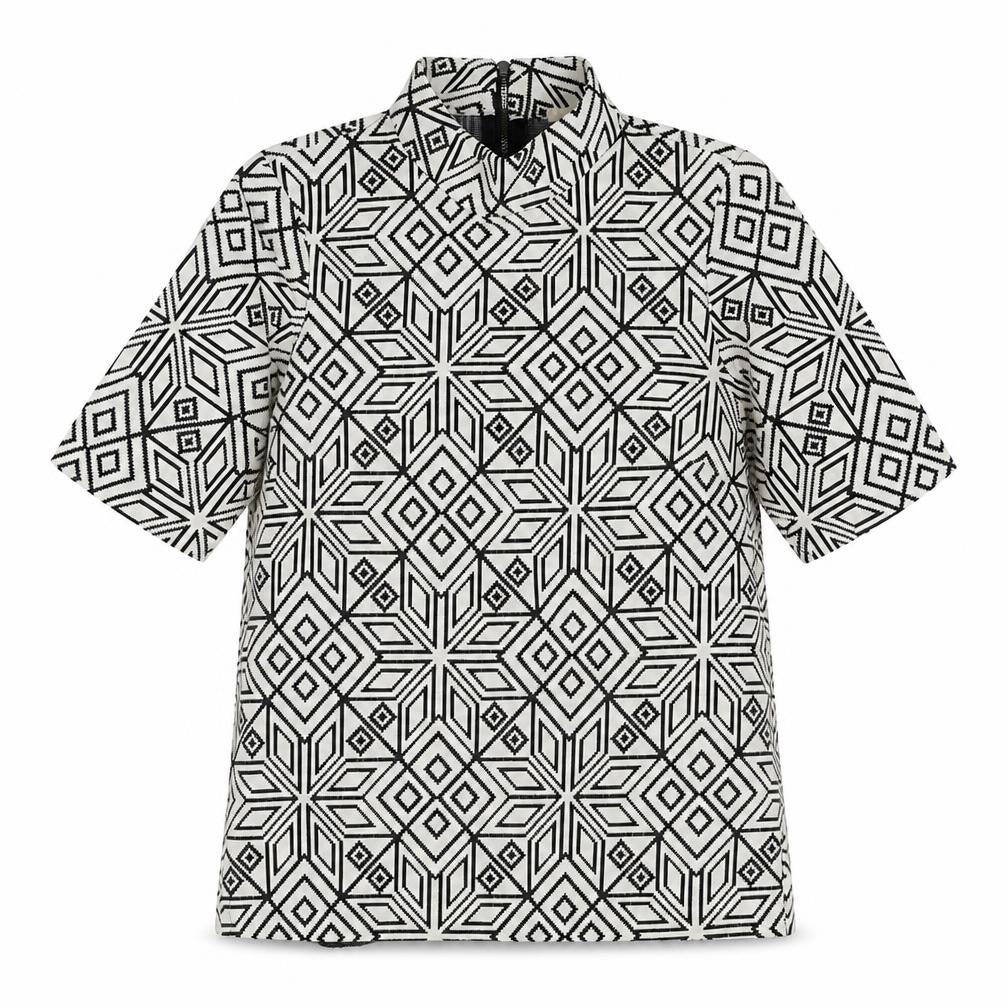 H&M Womens White Geometric Cotton Basic T-Shirt Size 4 High Neck