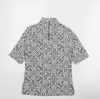 H&M Womens White Geometric Cotton Basic T-Shirt Size 4 High Neck