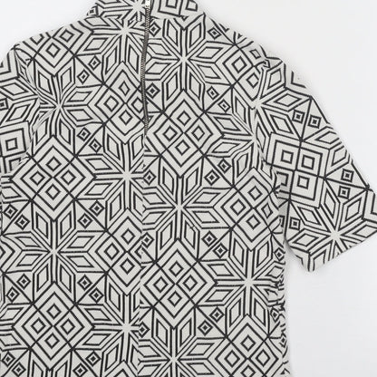H&M Womens White Geometric Cotton Basic T-Shirt Size 4 High Neck