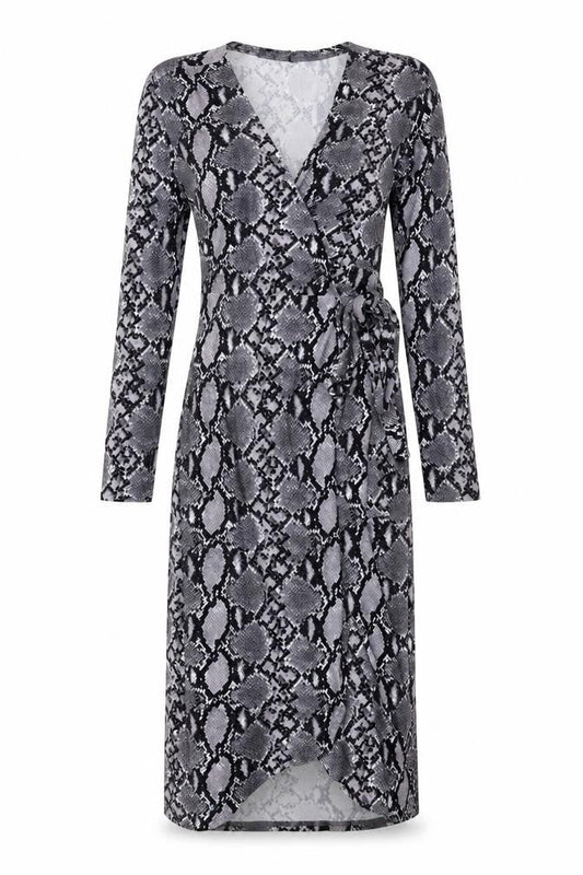 New Look Womens Grey Animal Print Polyester Wrap Dress Size 6 V-Neck Tie - Snake Print