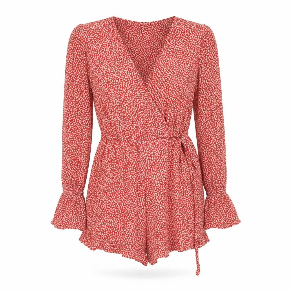 H&M Womens Red Floral Viscose Playsuit One-Piece Size 6 Tie - Wrap Style