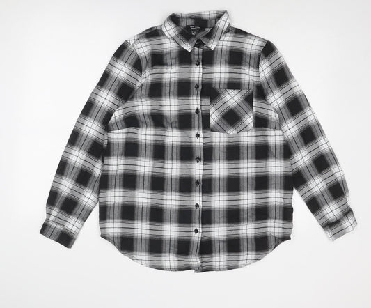 New Look Womens Grey Plaid Cotton Basic Button-Up Size 8 Collared