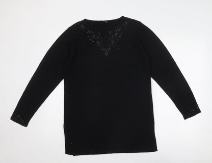 Marks & Spencer Womens Black Boat Neck Acrylic Pullover Jumper Size 10 - Embellished