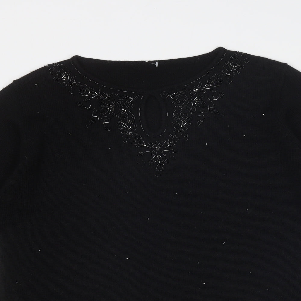 Marks and Spencer Womens Black Boat Neck Acrylic Pullover Jumper Size 10 - Embellished