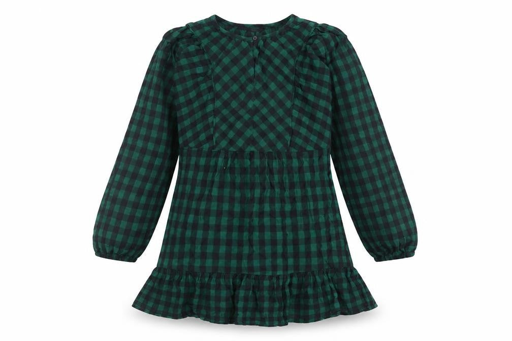 Marks & Spencer Womens Green Check 100% Cotton A-Line Size 8 Round Neck Button