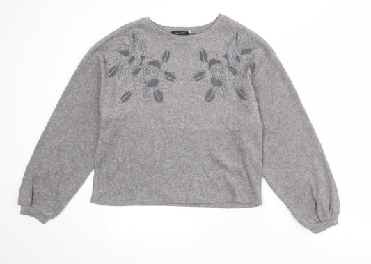 New Look Womens Grey Polyester Pullover Sweatshirt Size S Pullover - Flower Detail