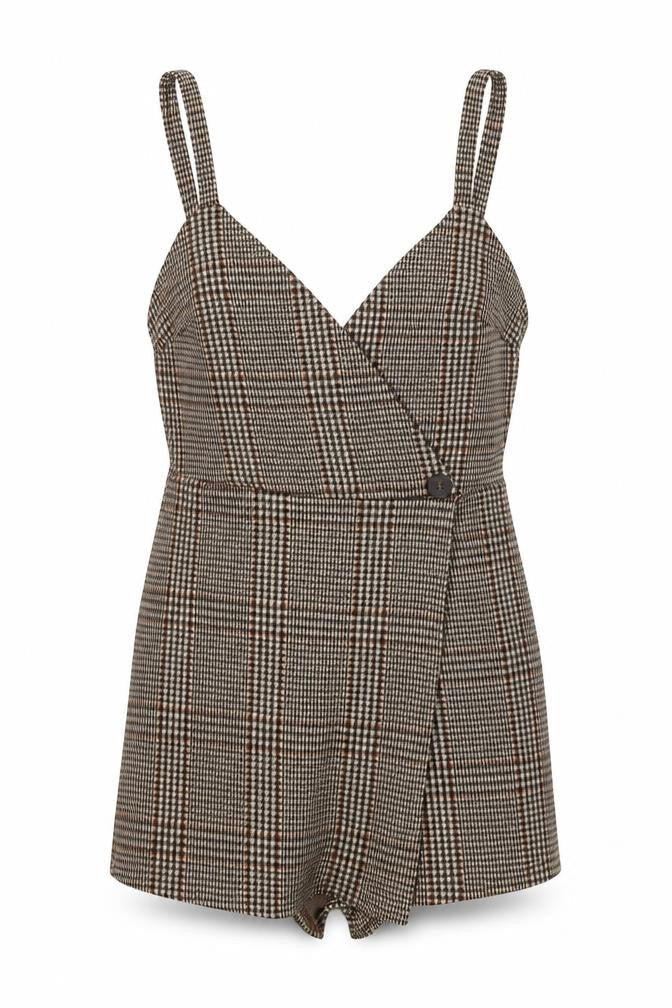 Pull&Bear Womens Brown Plaid Polyester Playsuit One-Piece Size S Zip - Wrap Front Detail
