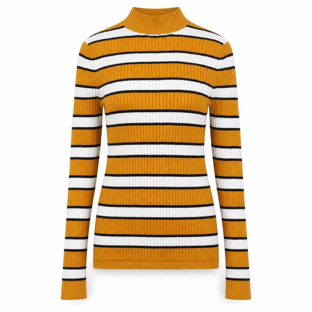Bershka Womens Yellow Mock Neck Striped Acrylic Pullover Jumper Size XS Pullover