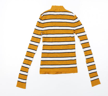 Bershka Womens Yellow Mock Neck Striped Acrylic Pullover Jumper Size XS Pullover