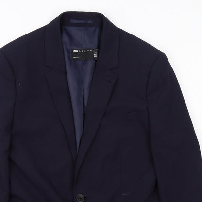 Close-up detail of ASOS men’s blue polyester jacket suit jacket, size 36, regular