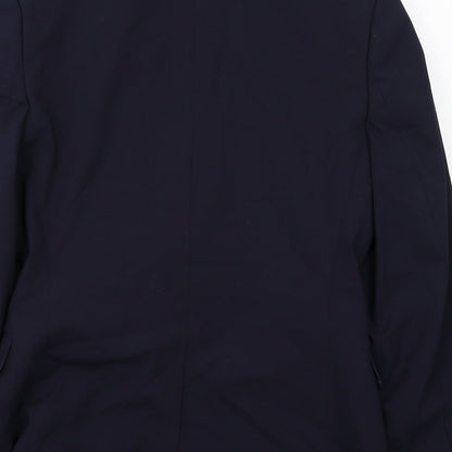 Brand and care label for ASOS men’s blue polyester jacket suit jacket, size 36, regular