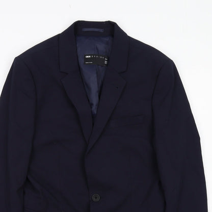 Close-up detail of ASOS men’s blue polyester jacket suit jacket, size 36, regular