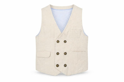 Front view of Autograph boys’ beige jacket waistcoat, size 6-7, years button