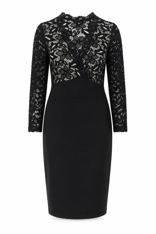 Parisian Signature Womens Black Polyester Pencil Dress Size 12 V-Neck Zip - Crocheted Lace Top