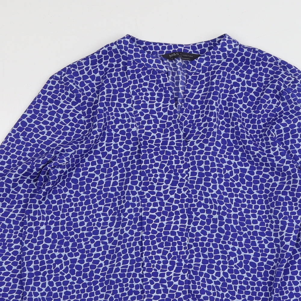 Marks and Spencer Womens Blue Geometric Polyester Basic Blouse Size 6 V-Neck