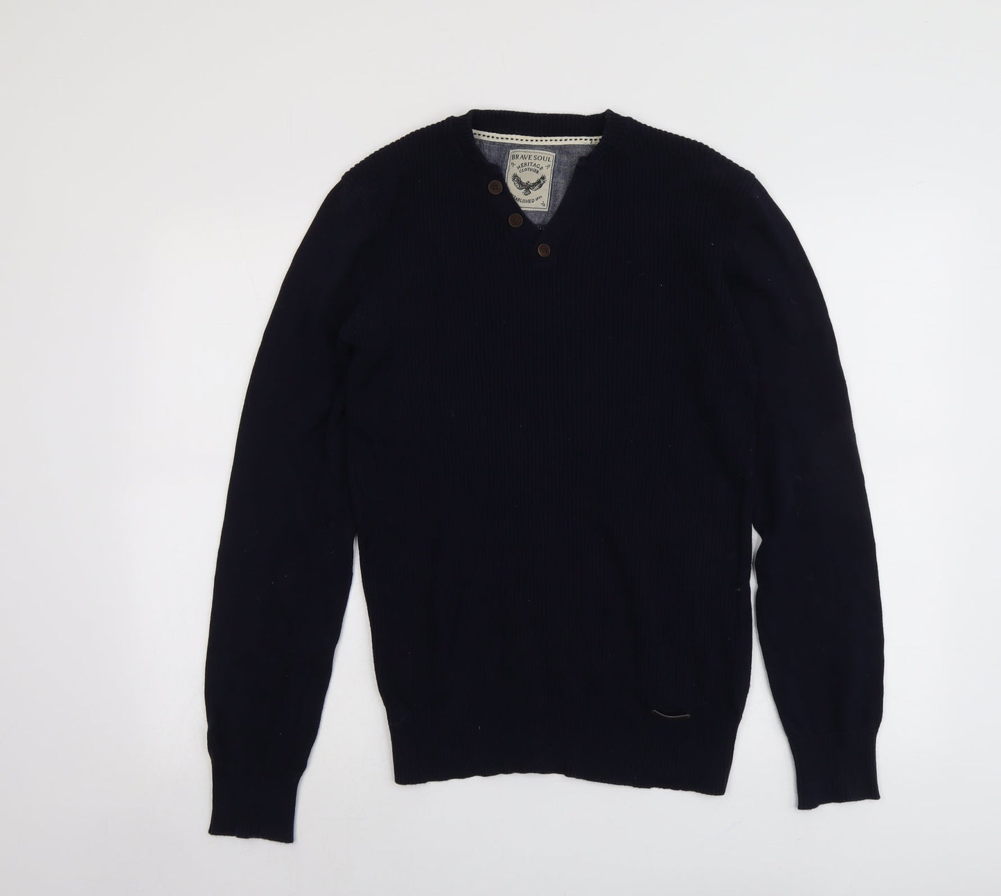 Brave Soul Mens Blue V-Neck Cotton Pullover Jumper Size S Long Sleeve