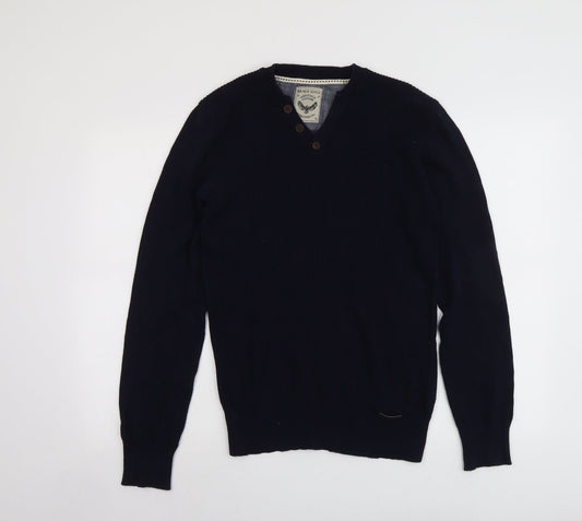 Brave Soul Mens Blue V-Neck Cotton Pullover Jumper Size S Long Sleeve