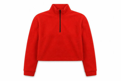 Front view of BDG women’s red polyester pullover sweatshirt, size S, zip
