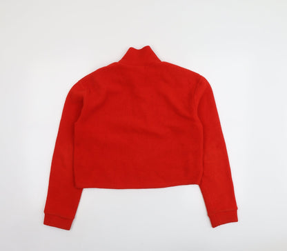 Back view of BDG women’s red polyester pullover sweatshirt, size S, zip