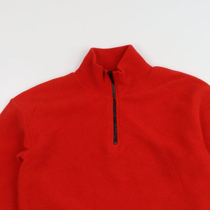 Close-up detail of BDG women’s red polyester pullover sweatshirt, size S, zip