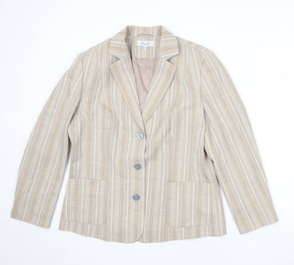 Additional front view of Oscar B women’s beige striped polyester jacket blazer, size UK 18