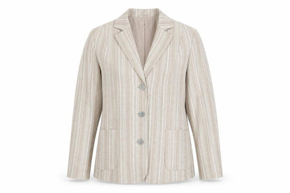 Front view of Oscar B women’s beige striped polyester jacket blazer, size UK 18