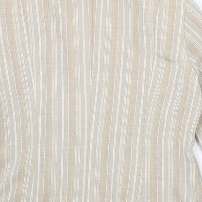 Brand and care label for Oscar B women’s beige striped polyester jacket blazer, size UK 18