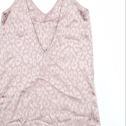 Brand and care label for Missguided women’s pink geometric polyester basic tank, size UK 10, v-neck - open back