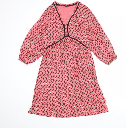 Next Womens Pink Geometric Viscose A-Line Size 8 V-Neck Pullover