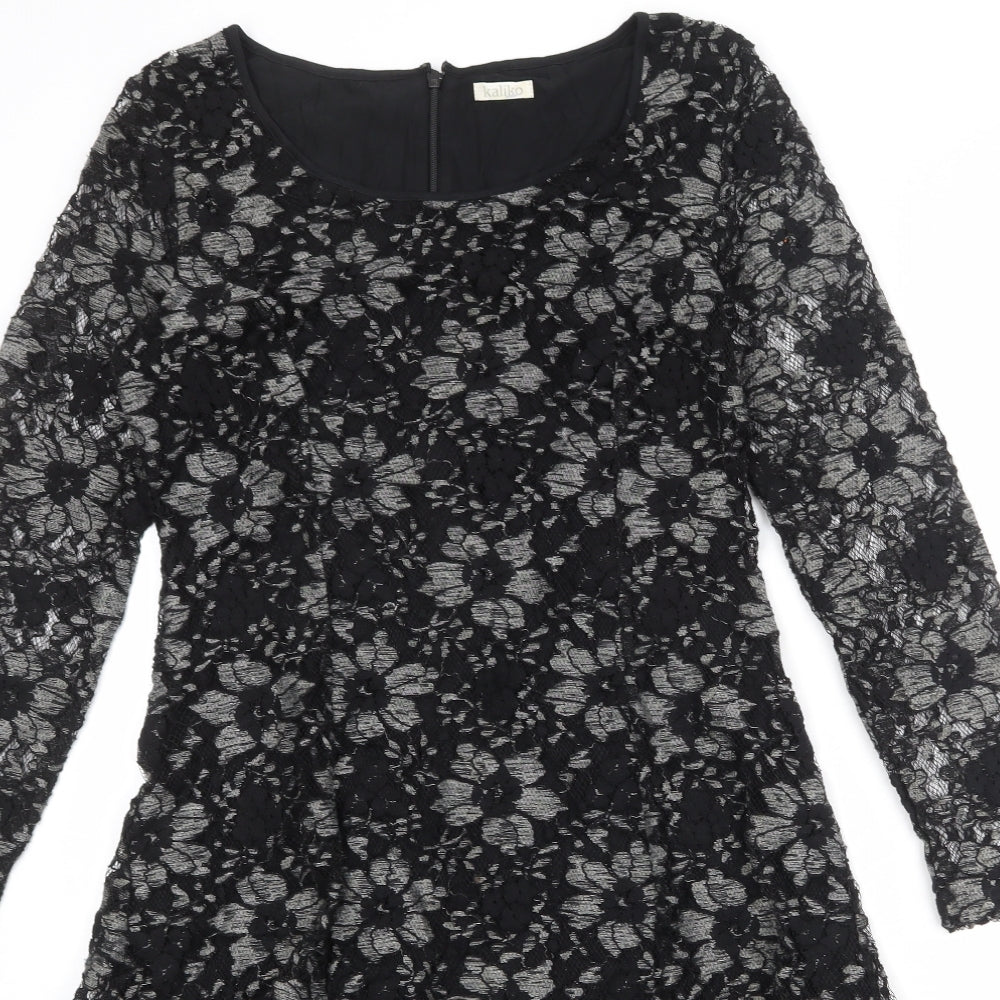 Kaliko Womens Black Floral Polyester A-Line Size 12 Boat Neck Zip