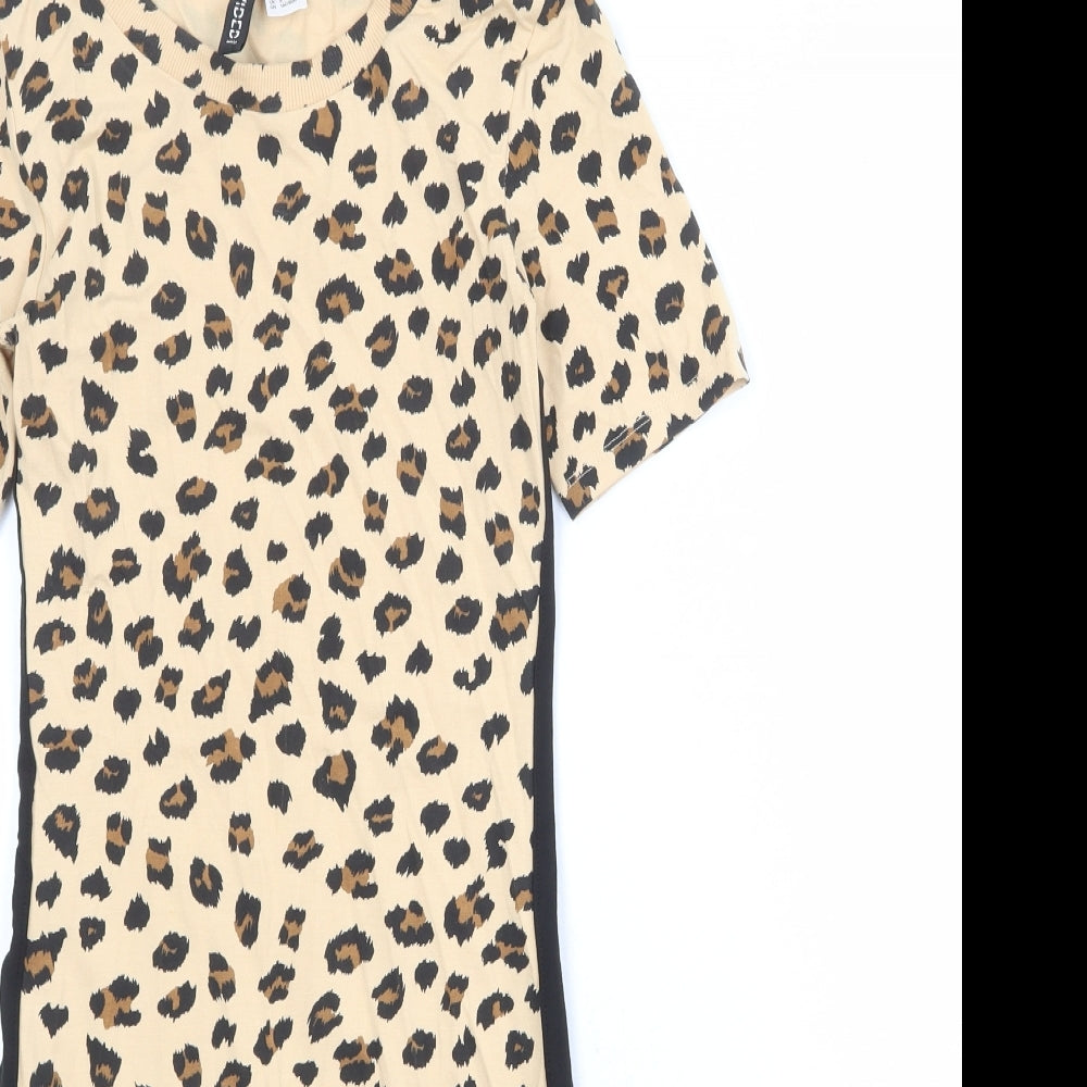 Divided by H&M Womens Beige Animal Print Cotton T-Shirt Dress Size 6 Boat Neck Pullover - Leopard Print