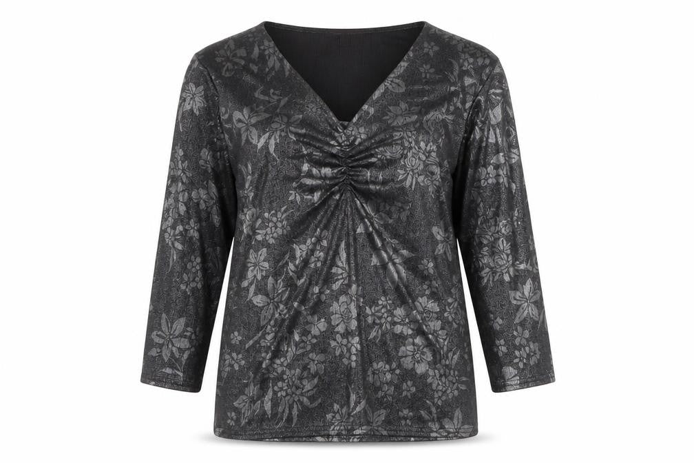 After Dark Womens Black Geometric Polyester Basic Blouse Size 14 V-Neck