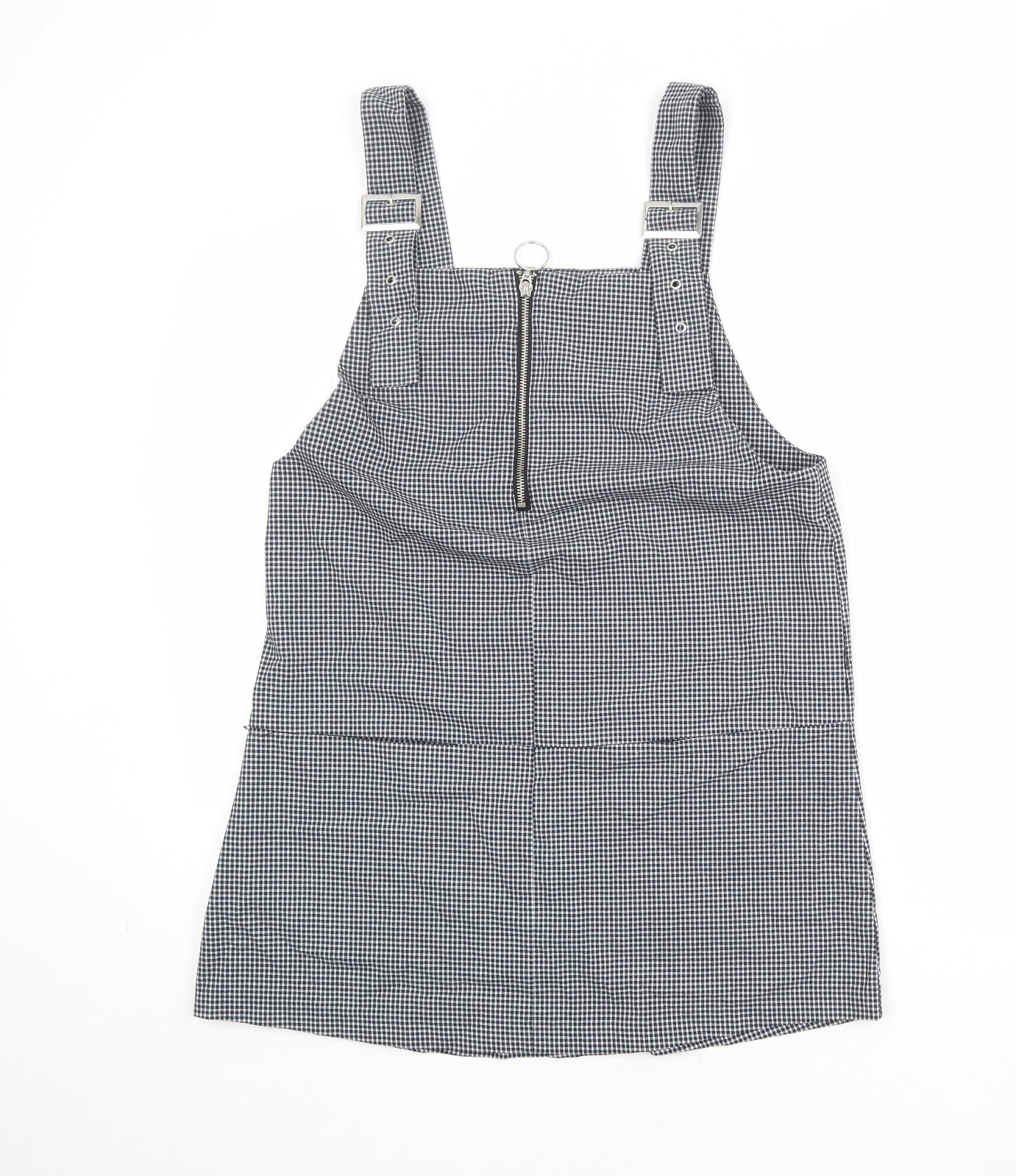 Mango Womens Black Check Polyester Pinafore/Dungaree Dress Size M Square Neck Zip