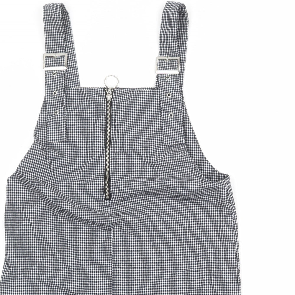 Mango Womens Black Check Polyester Pinafore/Dungaree Dress Size M Square Neck Zip