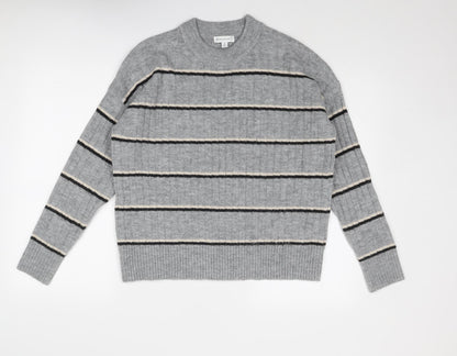 Warehouse Womens Grey Round Neck Striped Acrylic Pullover Jumper Size 6