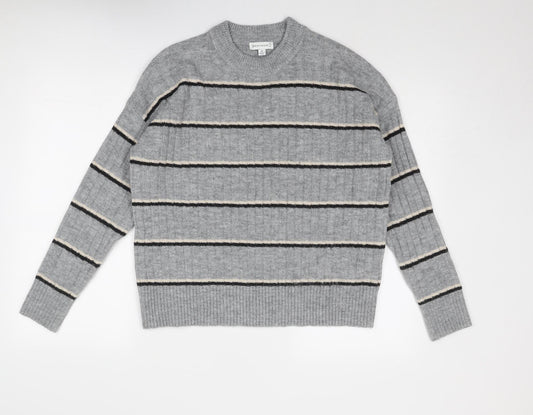 Warehouse Womens Grey Round Neck Striped Acrylic Pullover Jumper Size 6