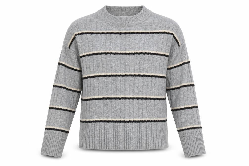Warehouse Womens Grey Round Neck Striped Acrylic Pullover Jumper Size 6