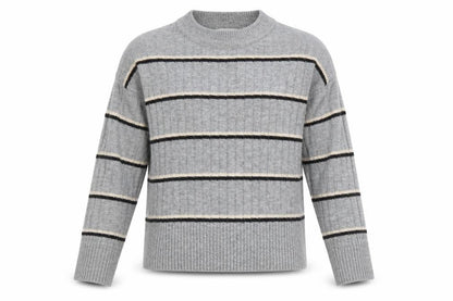 Warehouse Womens Grey Round Neck Striped Acrylic Pullover Jumper Size 6