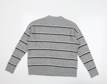 Warehouse Womens Grey Round Neck Striped Acrylic Pullover Jumper Size 6