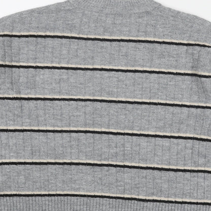 Warehouse Womens Grey Round Neck Striped Acrylic Pullover Jumper Size 6