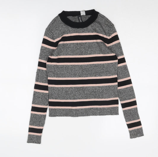Divided by H&M Womens Grey Round Neck Striped Viscose Pullover Jumper Size M