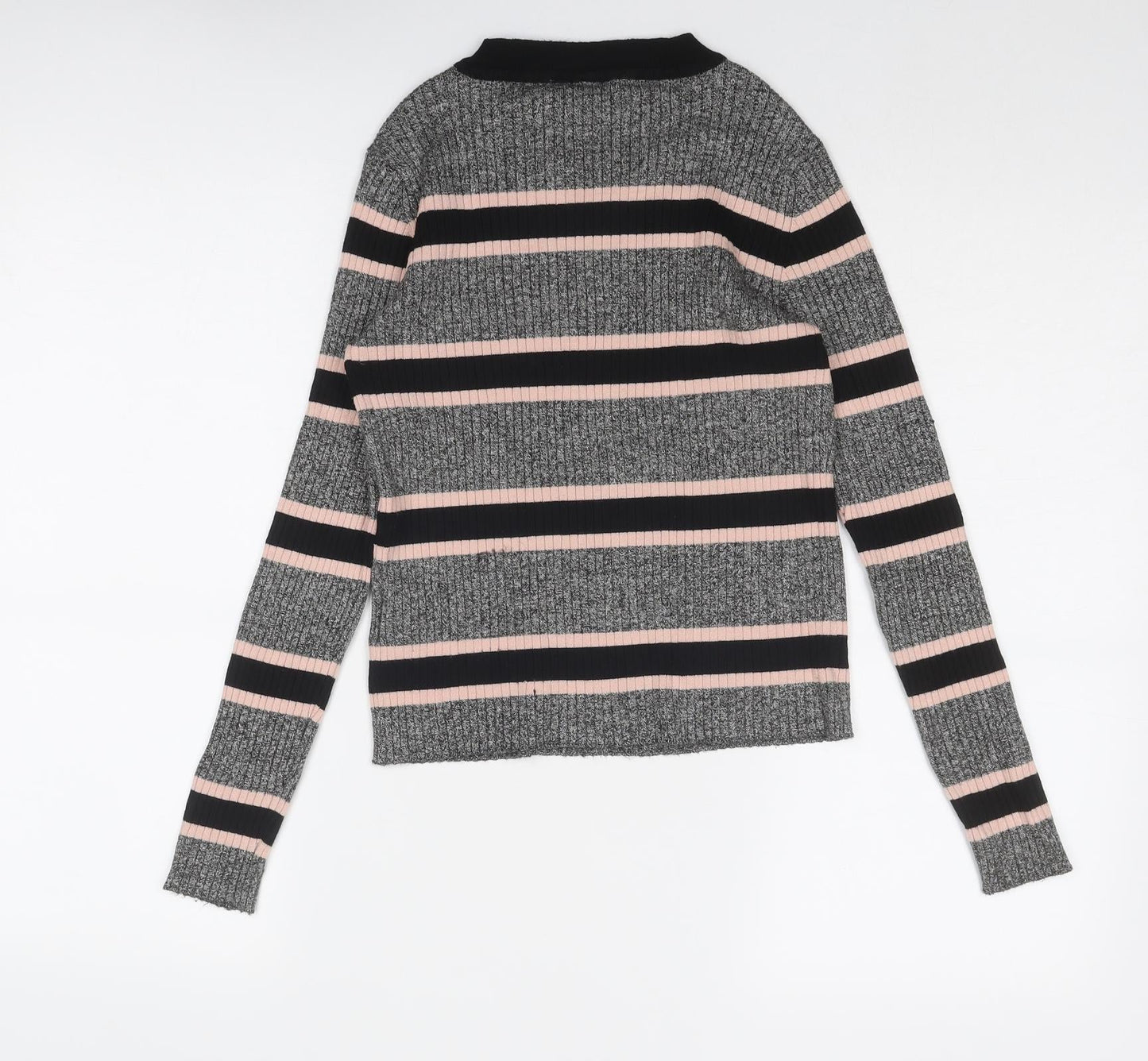 Divided by H&M Womens Grey Round Neck Striped Viscose Pullover Jumper Size M