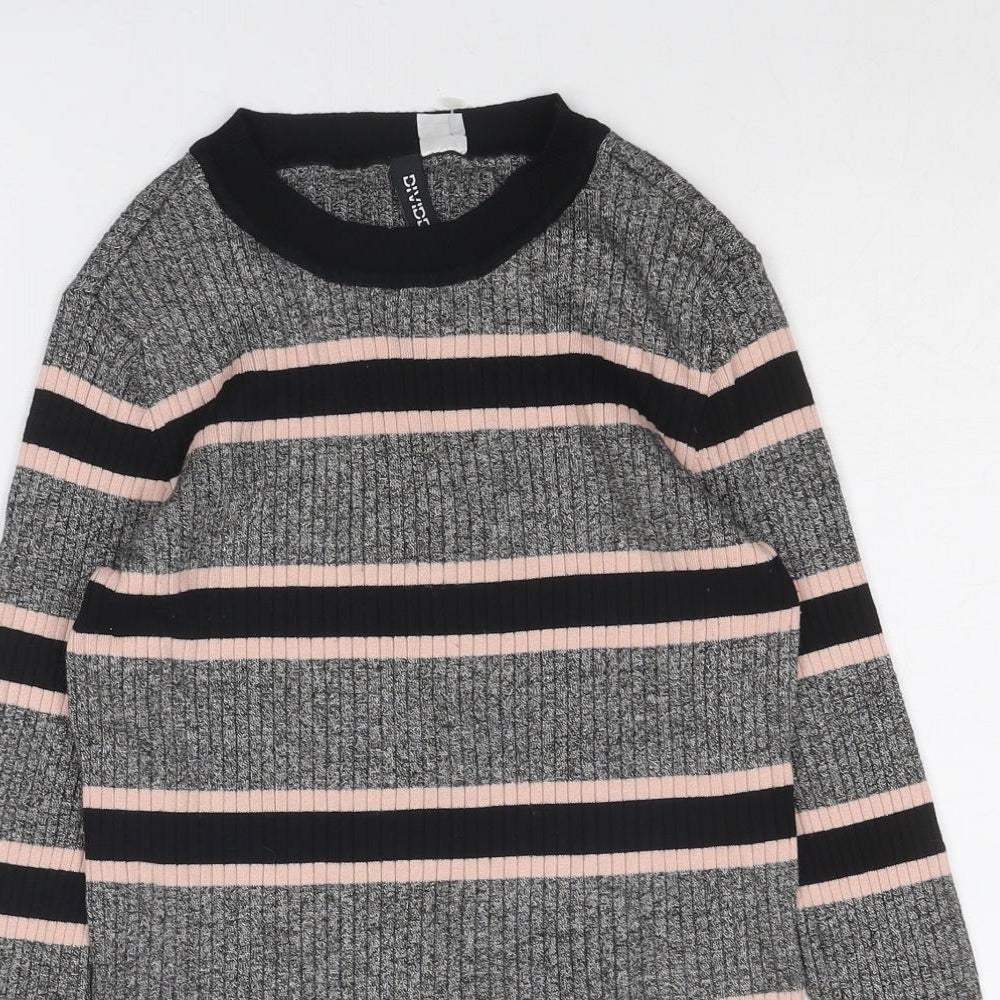 Divided by H&M Womens Grey Round Neck Striped Viscose Pullover Jumper Size M