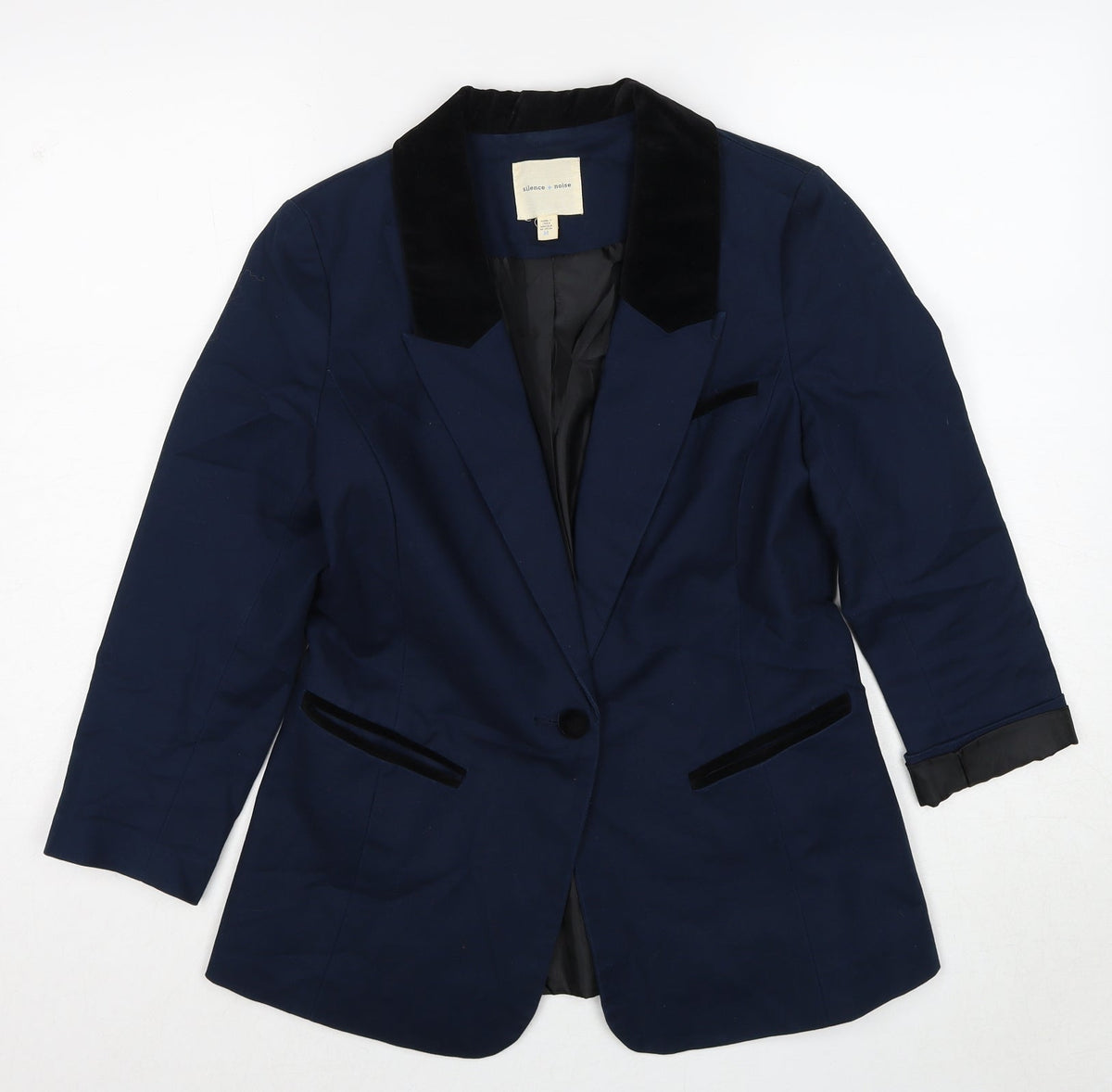 Back view of Silence + Noise women’s blue cotton jacket suit jacket, size M