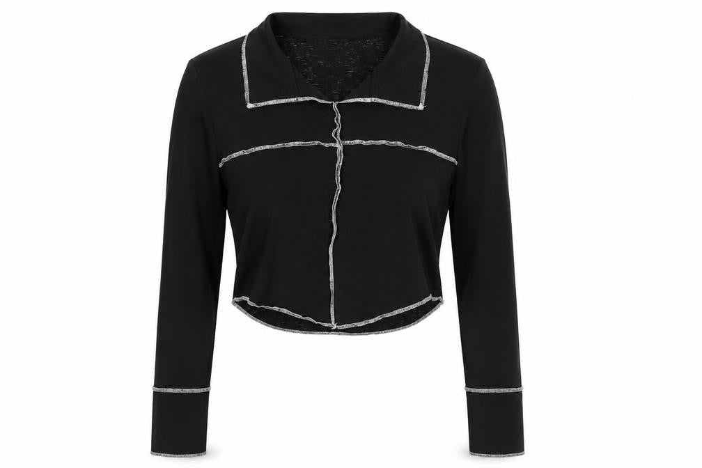 Cider Womens Black Polyester Cropped Blouse Size M Collared - Contrast Stitching