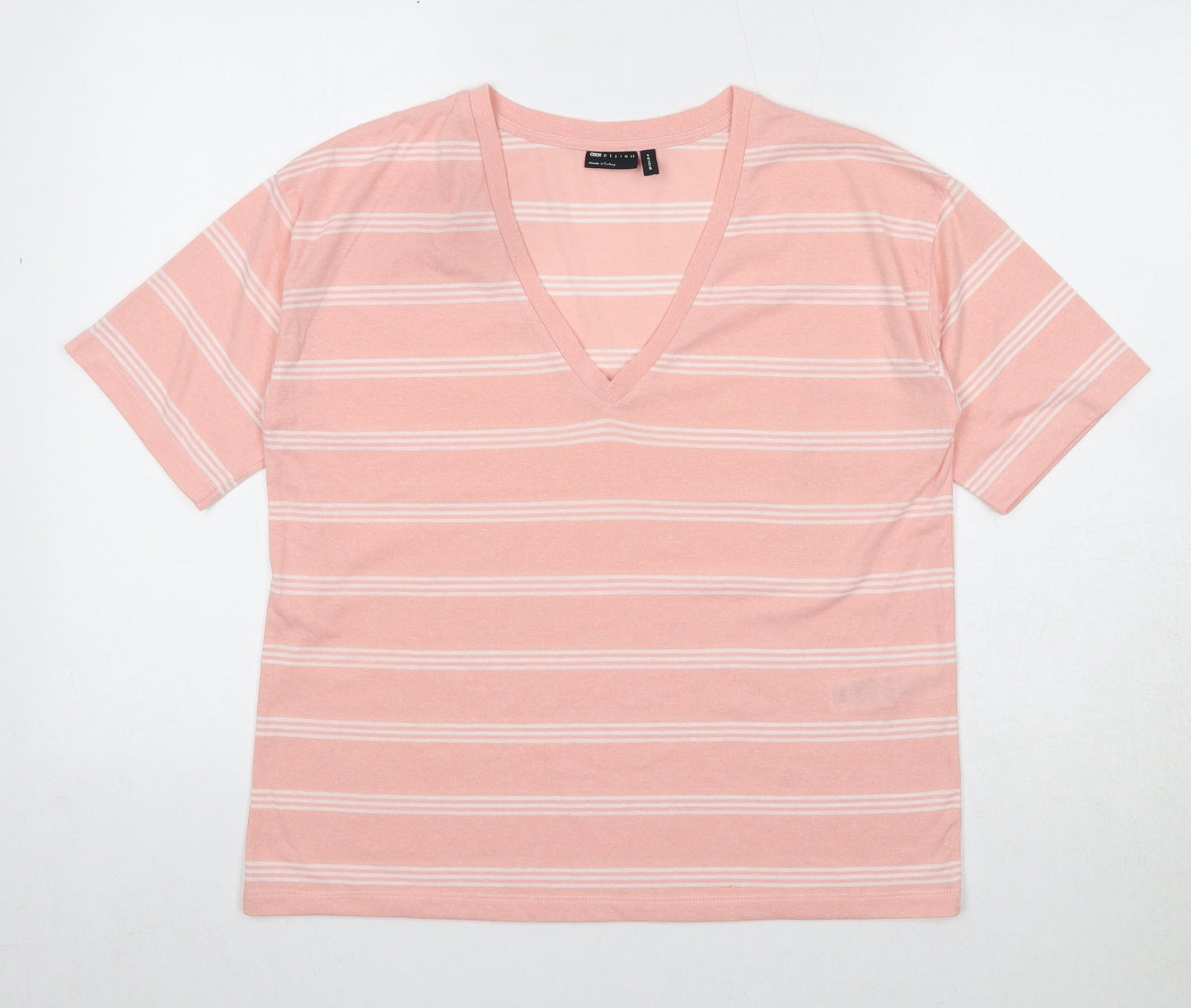 ASOS Womens Pink Striped Polyester Basic T-Shirt Size 8 V-Neck
