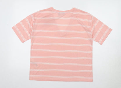 Back view of ASOS women’s pink striped polyester basic t-shirt, size UK 8, v-neck