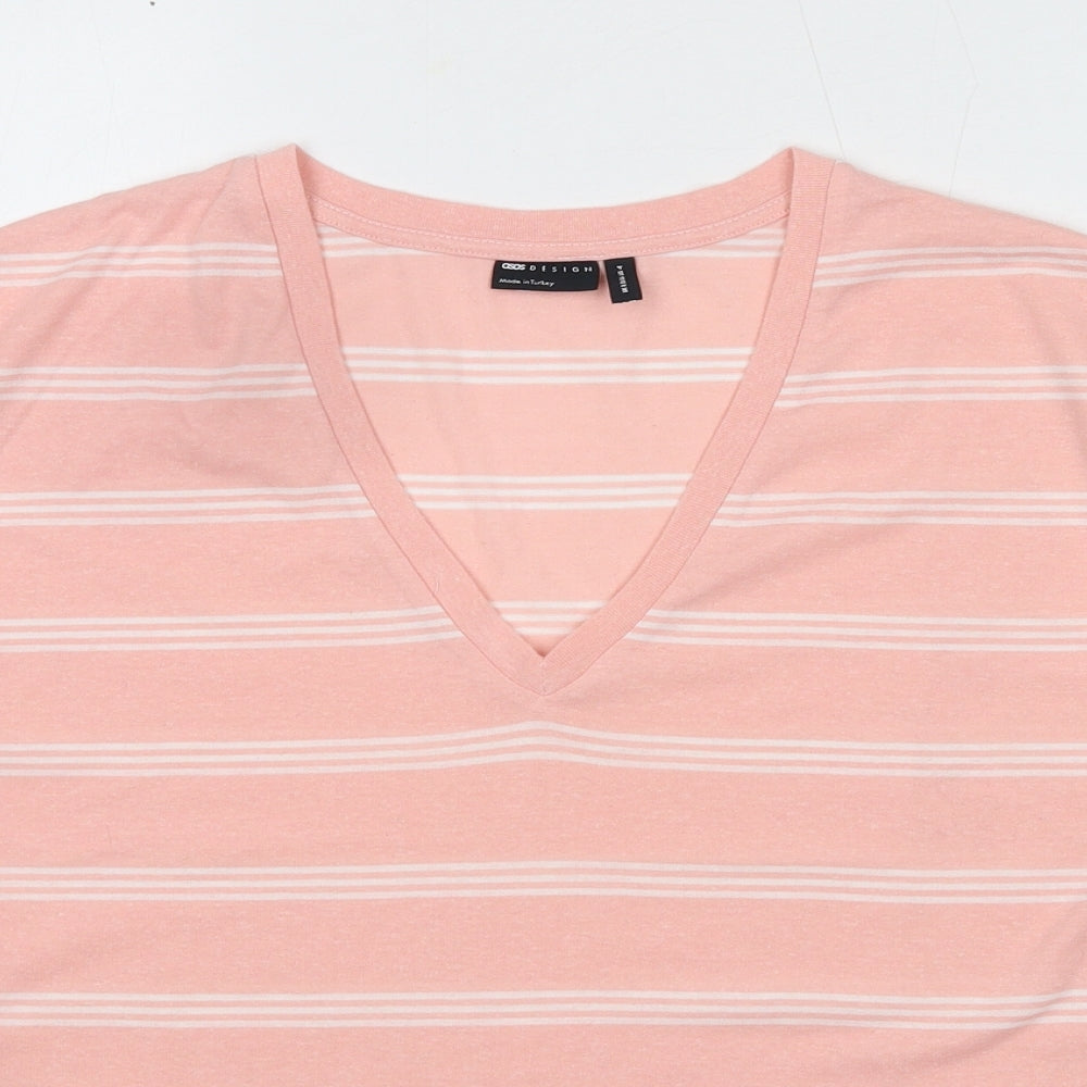 ASOS Womens Pink Striped Polyester Basic T-Shirt Size 8 V-Neck