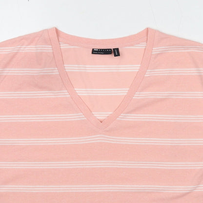 Close-up detail of ASOS women’s pink striped polyester basic t-shirt, size UK 8, v-neck