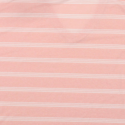 Brand and care label for ASOS women’s pink striped polyester basic t-shirt, size UK 8, v-neck